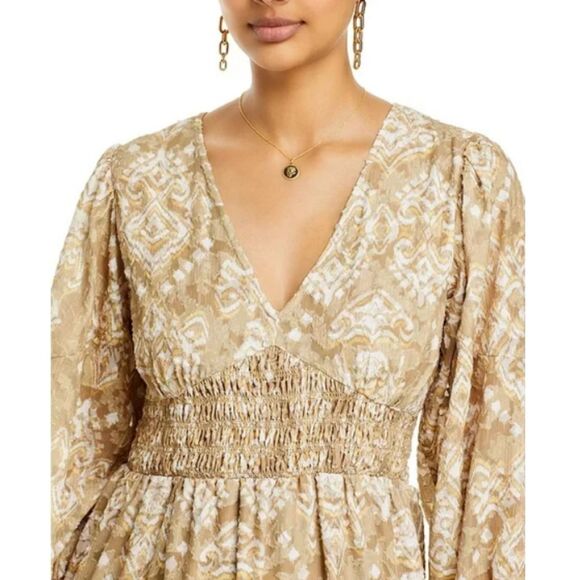 Cupio Orla V Neck Smocked Dress Women's Size Small Tan Casual Style NWT - Picture 4 of 12